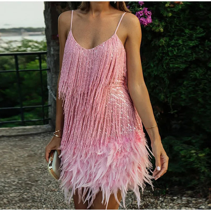 Variant image for Glamorous Sequin Feather Mini Dress for Women - Stylish Cocktail Dresses-7