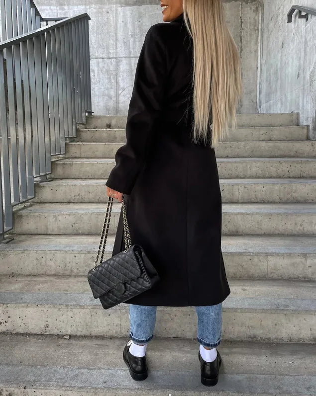 Elegant Women's Long Double Breasted Winter Coat with Belt - Stylish Trench Coat-6