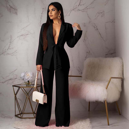 Elegant Women's Blazer and Trouser Set - Deep V-Neck Two-Piece for Casual & Formal Wear-3