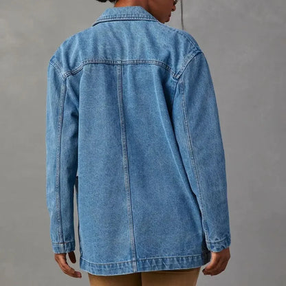 Chic Women's Denim Blazer with Pockets - Versatile Mid-Length Design-3