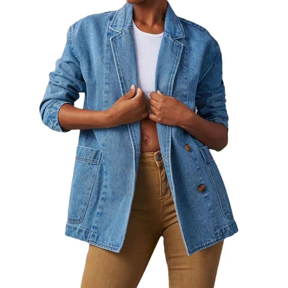 Chic Women's Denim Blazer with Pockets - Versatile Mid-Length Design-1