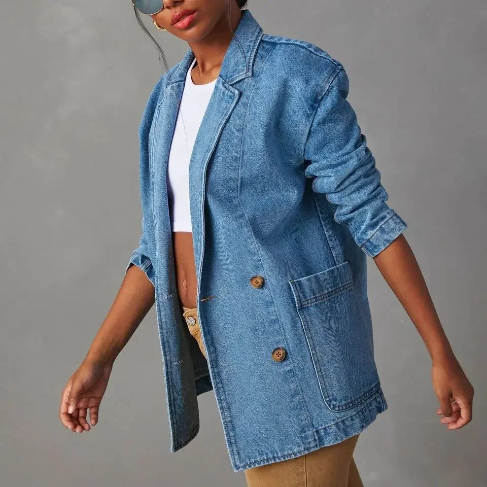 Chic Women's Denim Blazer with Pockets - Versatile Mid-Length Design-5
