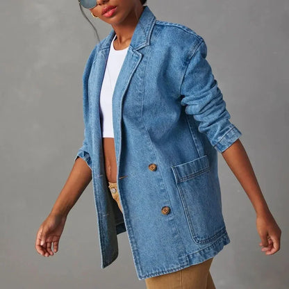 Chic Women's Denim Blazer with Pockets - Versatile Mid-Length Design-5
