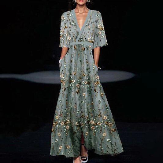 Sofia | Youthful Green Maxi Dress with Half Sleeves