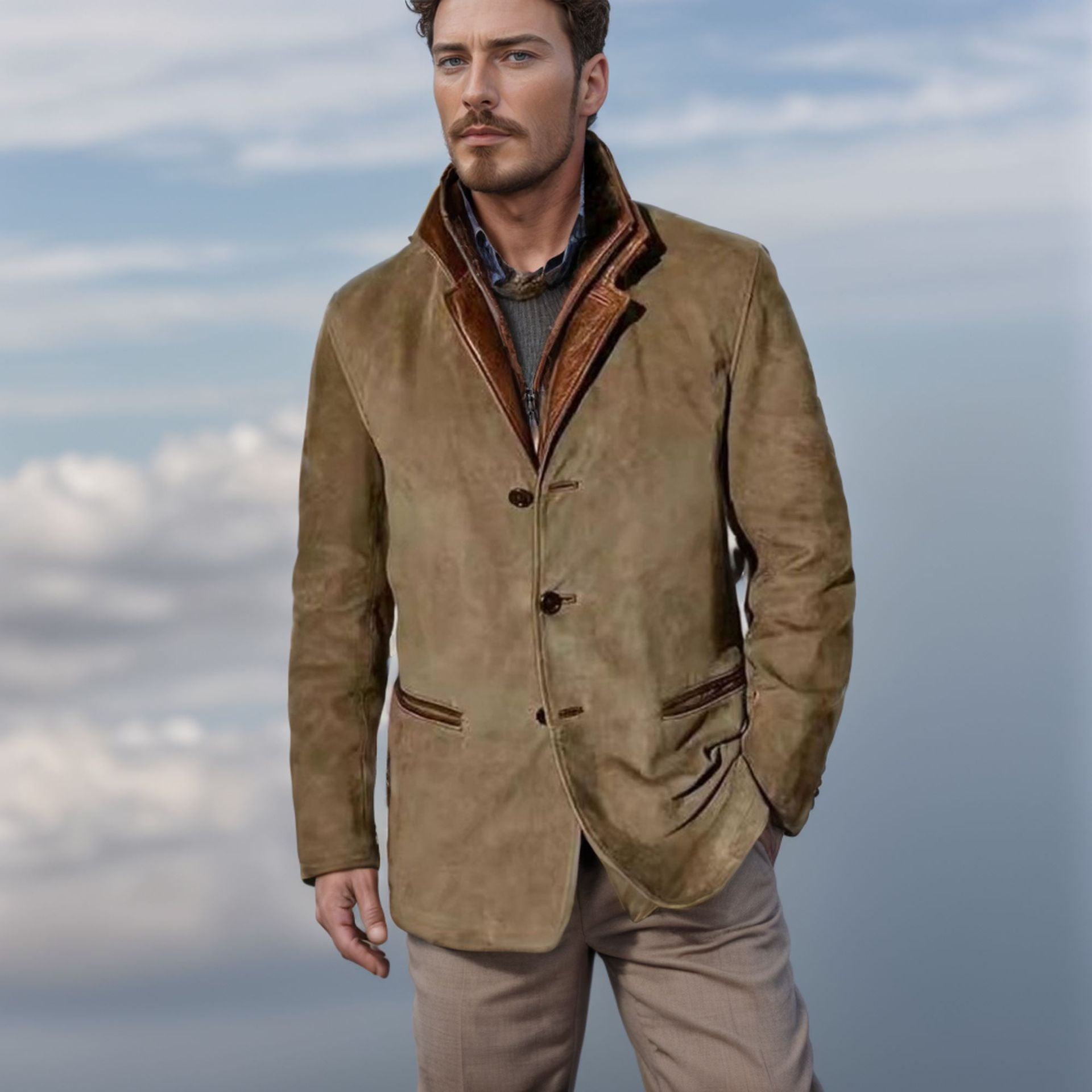 Variant image for Men's Suede Jacket with Leather Trim - Structured Fit & Classic Notched Lapel-1